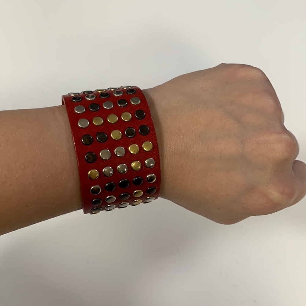 Red leather bracelet with gold silver and dark inlets size small medium